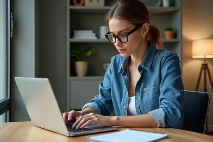 Femme concentrée analysant un audit SEO sur son ordinateur