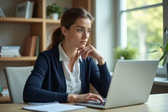 Femme concentrée travaillant sur son ordinateur dans un bureau lumineux