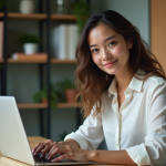 Avantages du SEO : pourquoi est-il essentiel pour votre visibilité en ligne ? Jeune femme en bureau moderne avec ordinateur portable