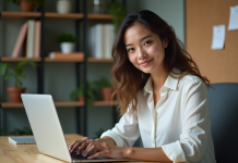 Avantages du SEO : pourquoi est-il essentiel pour votre visibilité en ligne ? Jeune femme en bureau moderne avec ordinateur portable