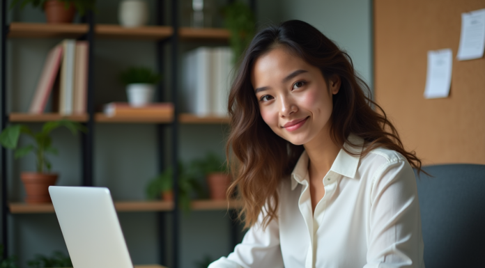 Avantages du SEO : pourquoi est-il essentiel pour votre visibilité en ligne ? Jeune femme en bureau moderne avec ordinateur portable