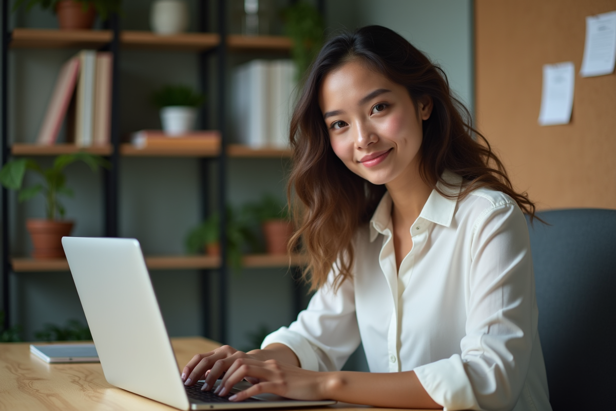 Jeune femme en bureau moderne avec ordinateur portable