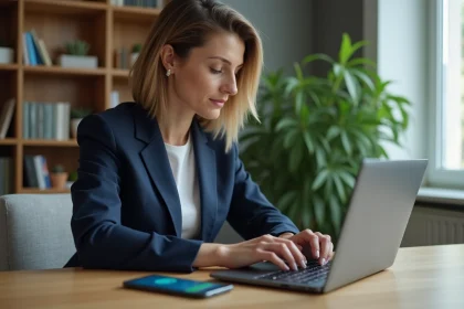 Femme d'âge moyen travaillant à domicile sur son ordinateur portable