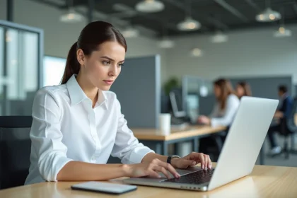 Femme professionnelle tapant un email sur son ordinateur portable dans un bureau moderne, cherchant comment insérer un È majuscule accentué