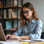 Jeune femme au bureau avec ordinateur et notes
