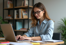 Jeune femme au bureau avec ordinateur et notes