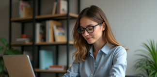 Jeune femme au bureau avec ordinateur et notes