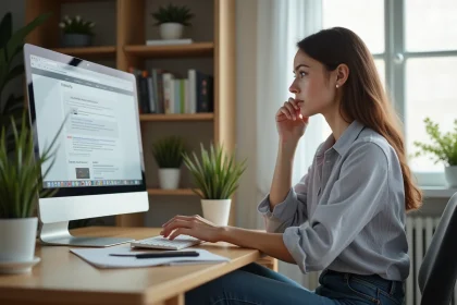 Jeune femme au bureau regardant son écran d'ordinateur