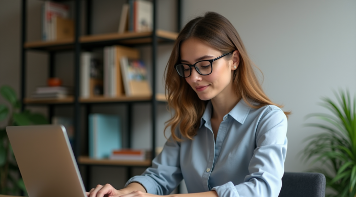 Jeune femme au bureau avec ordinateur et notes