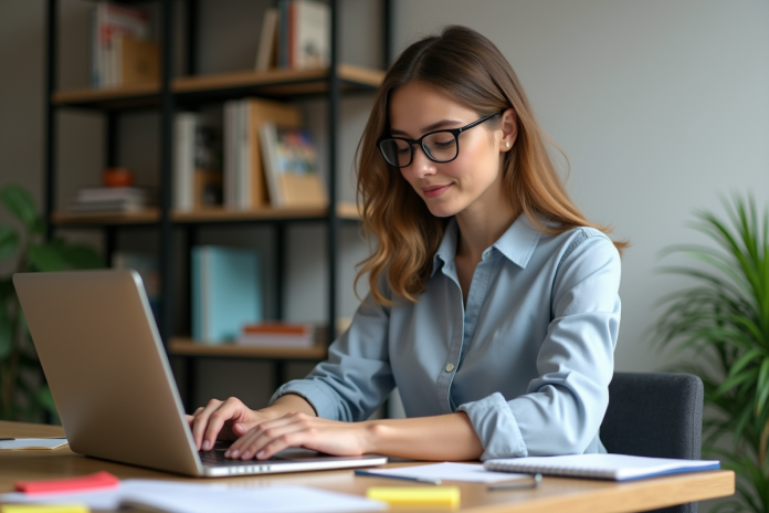 Jeune femme au bureau avec ordinateur et notes