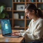 Femme en bureau moderne utilisant un ordinateur sécurisé