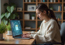 Femme en bureau moderne utilisant un ordinateur sécurisé