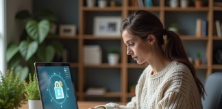 Femme en bureau moderne utilisant un ordinateur sécurisé