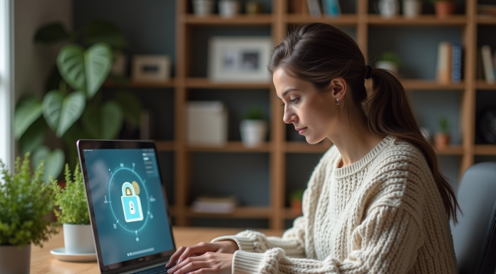 Femme en bureau moderne utilisant un ordinateur sécurisé