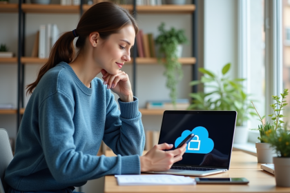 Jeune femme compare son ordinateur et smartphone dans un bureau lumineux