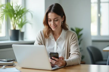 Femme professionnelle au bureau utilisant son ordinateur et smartphone