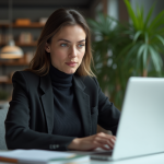 Jeune femme au bureau regardant l'écran d'ordinateur
