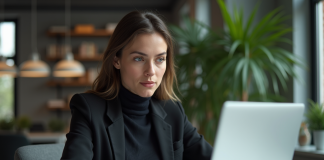 Jeune femme au bureau regardant l'écran d'ordinateur