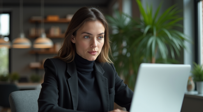 Jeune femme au bureau regardant l'écran d'ordinateur