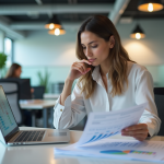 Femme en bureau moderne analysant un rapport imprimé