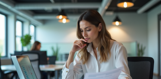 Access vs Excel : lequel choisir pour optimiser vos tâches ? Femme en bureau moderne analysant un rapport imprimé