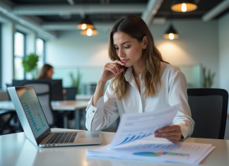 Femme en bureau moderne analysant un rapport imprimé