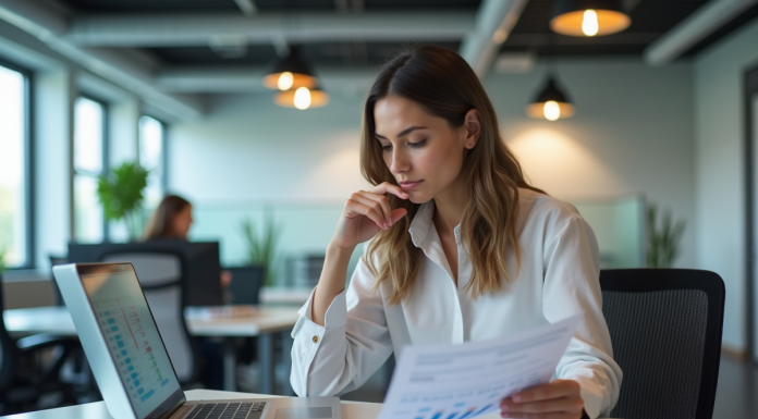 Femme en bureau moderne analysant un rapport imprimé