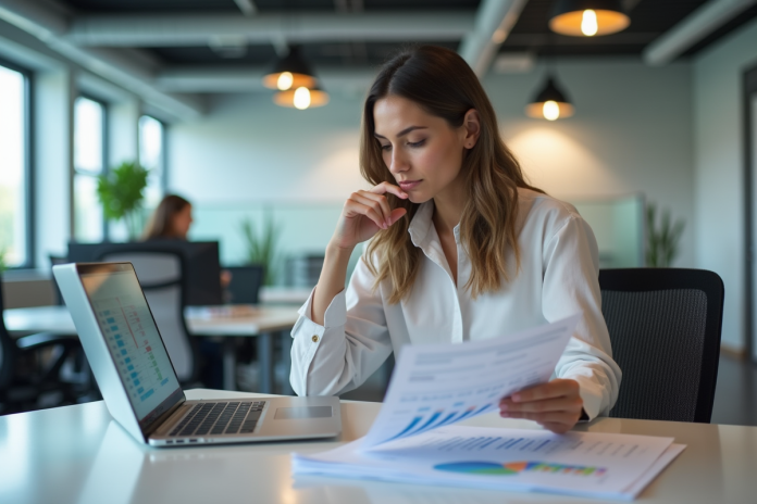 Femme en bureau moderne analysant un rapport imprimé