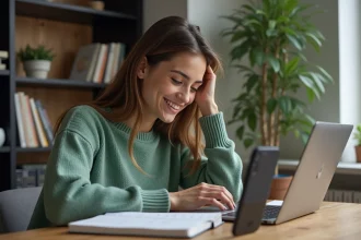 Jeune femme au bureau à domicile souriante et concentrée