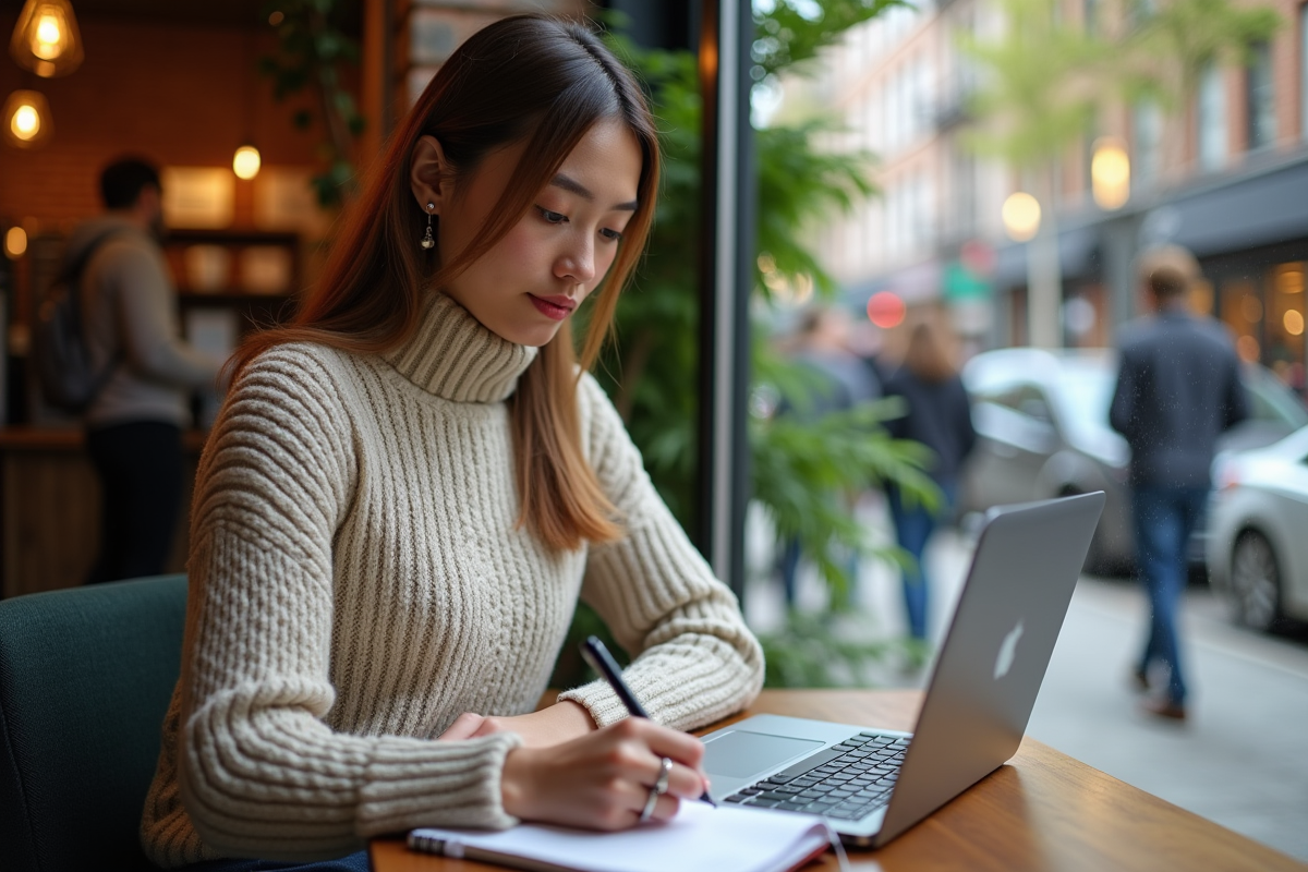 Femme prenant des notes SEO dans un café urbain