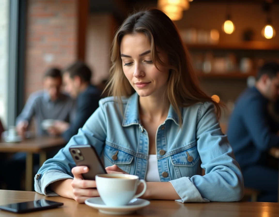 Femme dans un café comparant deux smartphones petit budget Samsung et Xiaomi posés sur la table