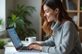 Femme utilisant un chat GPT gratuit en ligne sur son ordinateur portable dans un bureau à domicile moderne