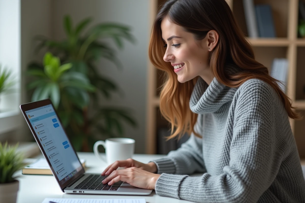 Femme utilisant un chat GPT gratuit en ligne sur son ordinateur portable dans un bureau à domicile moderne