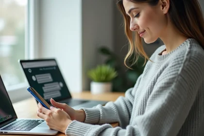 Femme utilisant ChatGPT via WhatsApp sur son smartphone depuis un bureau à domicile