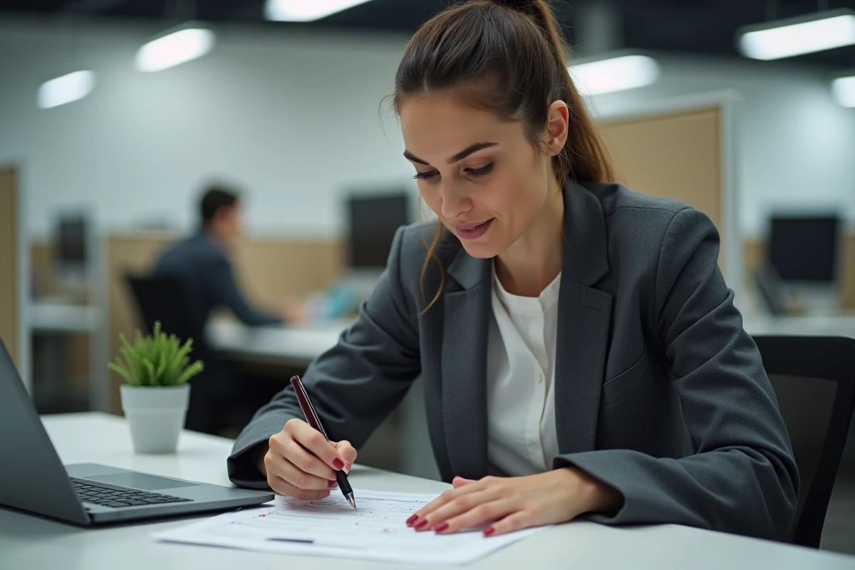 Femme consultant une liste de vérification pour résoudre un problème avec le logiciel Agendis 95
