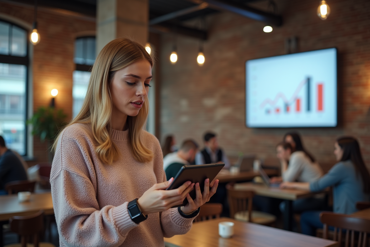 Femme en pull pastel discutant stratégie marketing dans un espace coworking