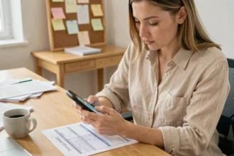 Femme comparant des smartphones reconditionnés moins de 200 euros à son bureau à domicile