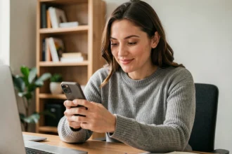 Femme consultant son compte MyPeopleDoc sur smartphone depuis son bureau à domicile