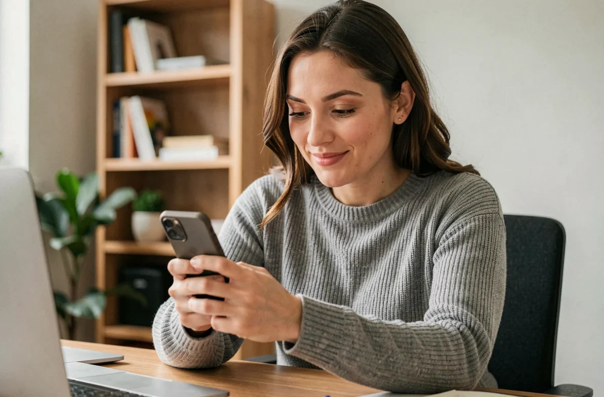 Femme consultant son compte MyPeopleDoc sur smartphone depuis son bureau à domicile