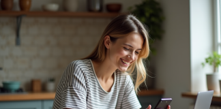 Jeune femme créant un site web sur son smartphone à la maison