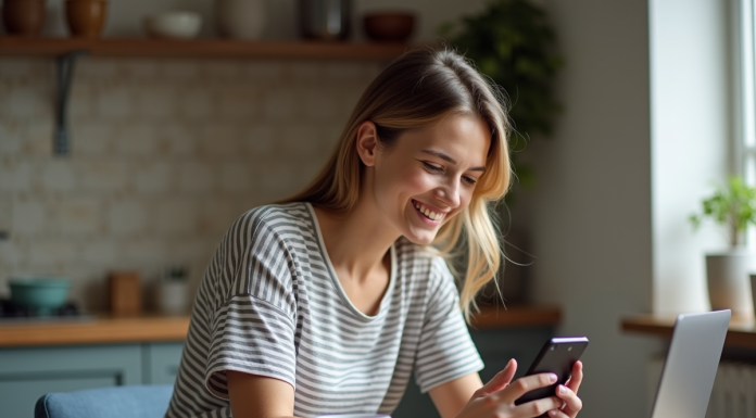 Créer un site web avec son téléphone : astuces pour réussir Jeune femme créant un site web sur son smartphone à la maison