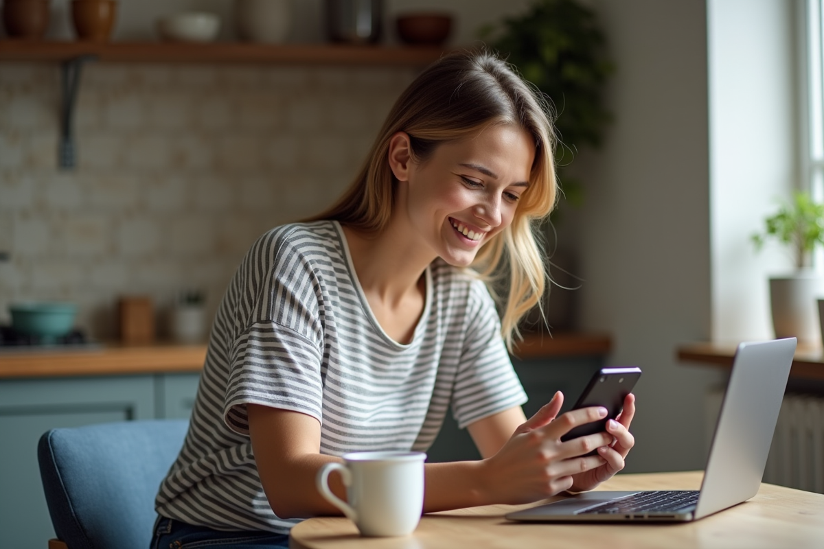 Jeune femme créant un site web sur son smartphone à la maison