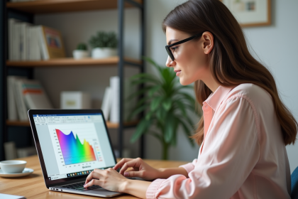 Femme en bureau moderne concevant un tableau color&eacute; sur son ordinateur