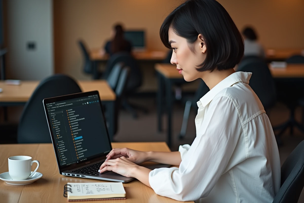 Femme développeuse travaillant avec un terminal bash dans un espace de coworking moderne
