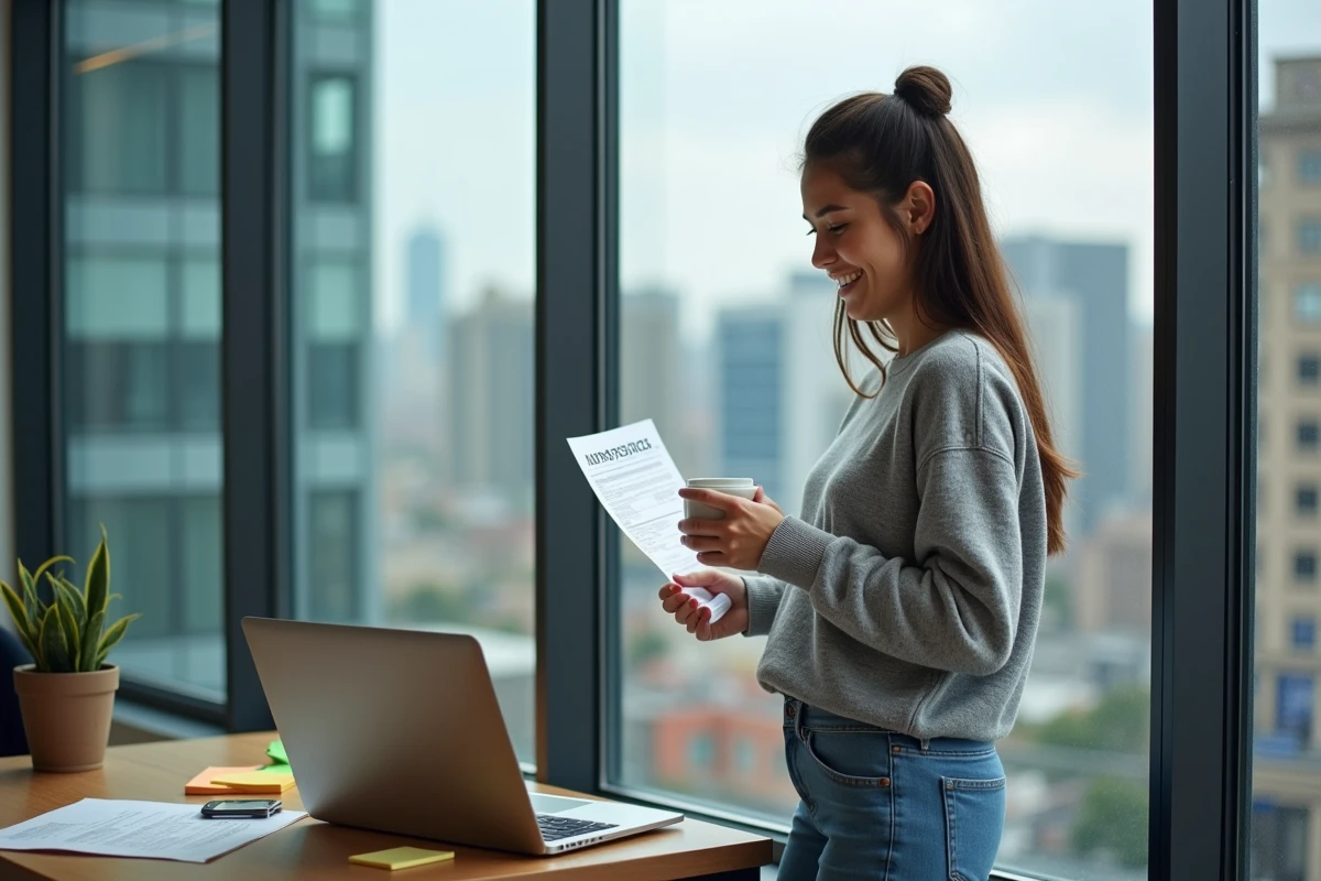Femme développeuse web souriante avec rapport SEO et café