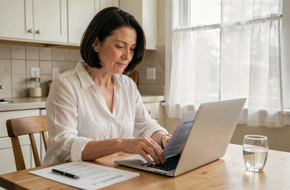 Femme envoyant un justificatif scanné par mail depuis son ordinateur portable dans une cuisine moderne