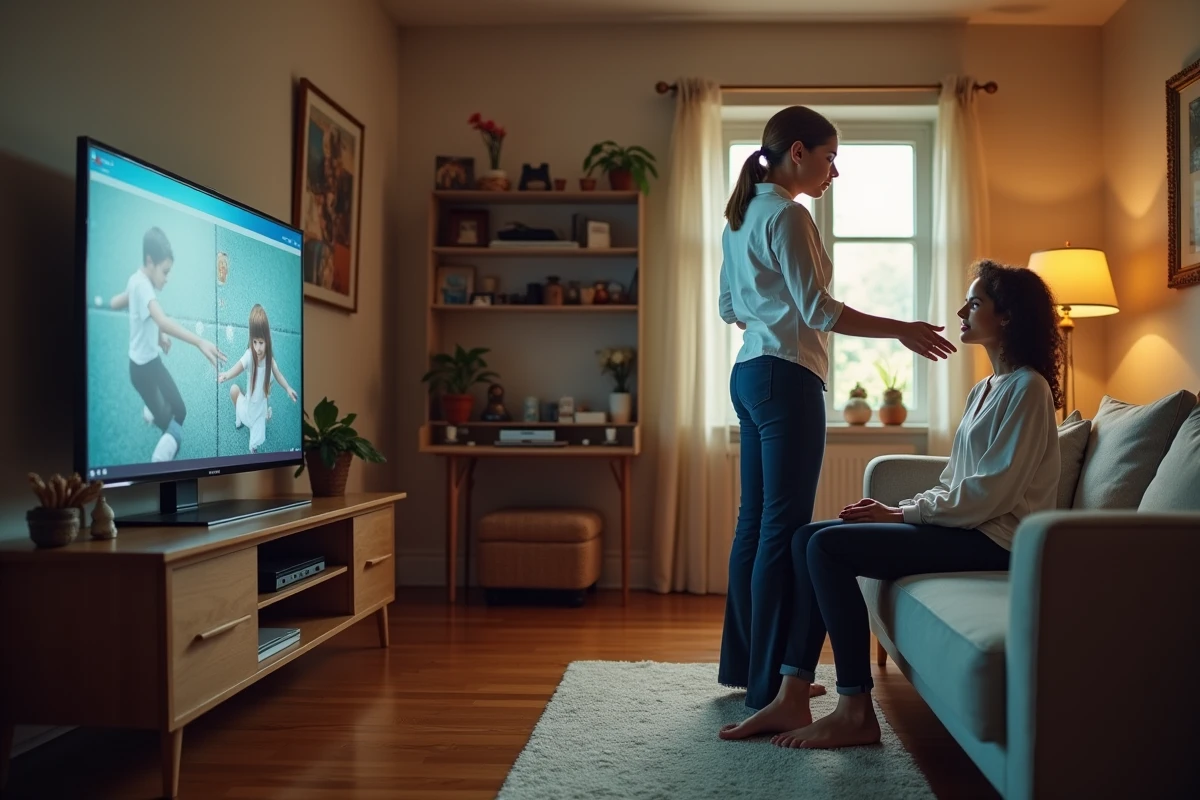 Femme et adolescente utilisent ecran TV et ordinateur dans le salon