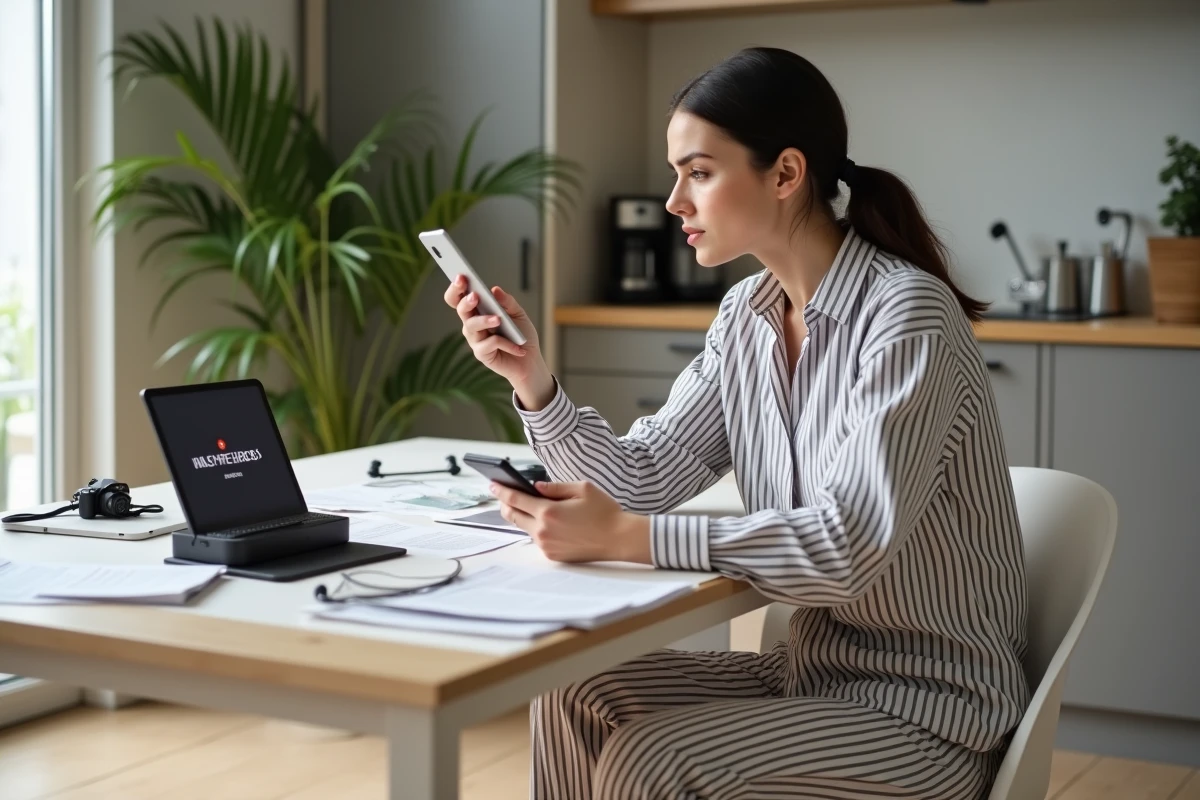 Jeune femme frustrée avec smartphone et Freebox déconnectée