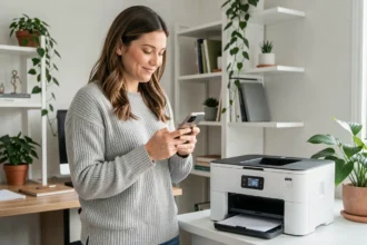 Femme utilisant son smartphone pour imprimer sans fil avec une imprimante à réservoir d'encre Wi-Fi dans un bureau moderne