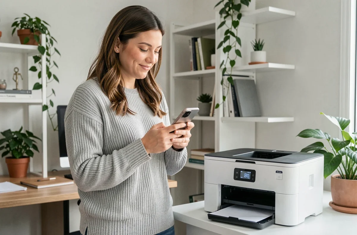 Femme utilisant son smartphone pour imprimer sans fil avec une imprimante à réservoir d'encre Wi-Fi dans un bureau moderne